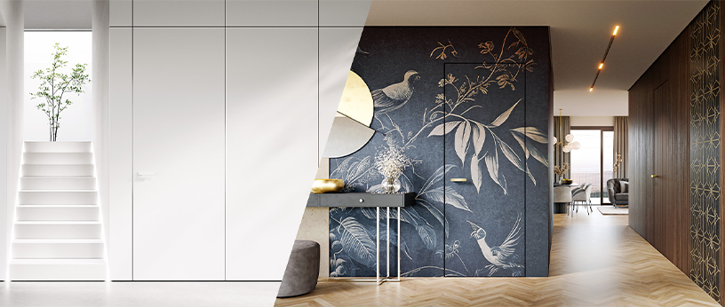 Zweiteilige Wohnszene mit flächenbündigen Türen – links minimalistisch in Weiß, rechts mit floraler Dekorwand und Holzoptik.